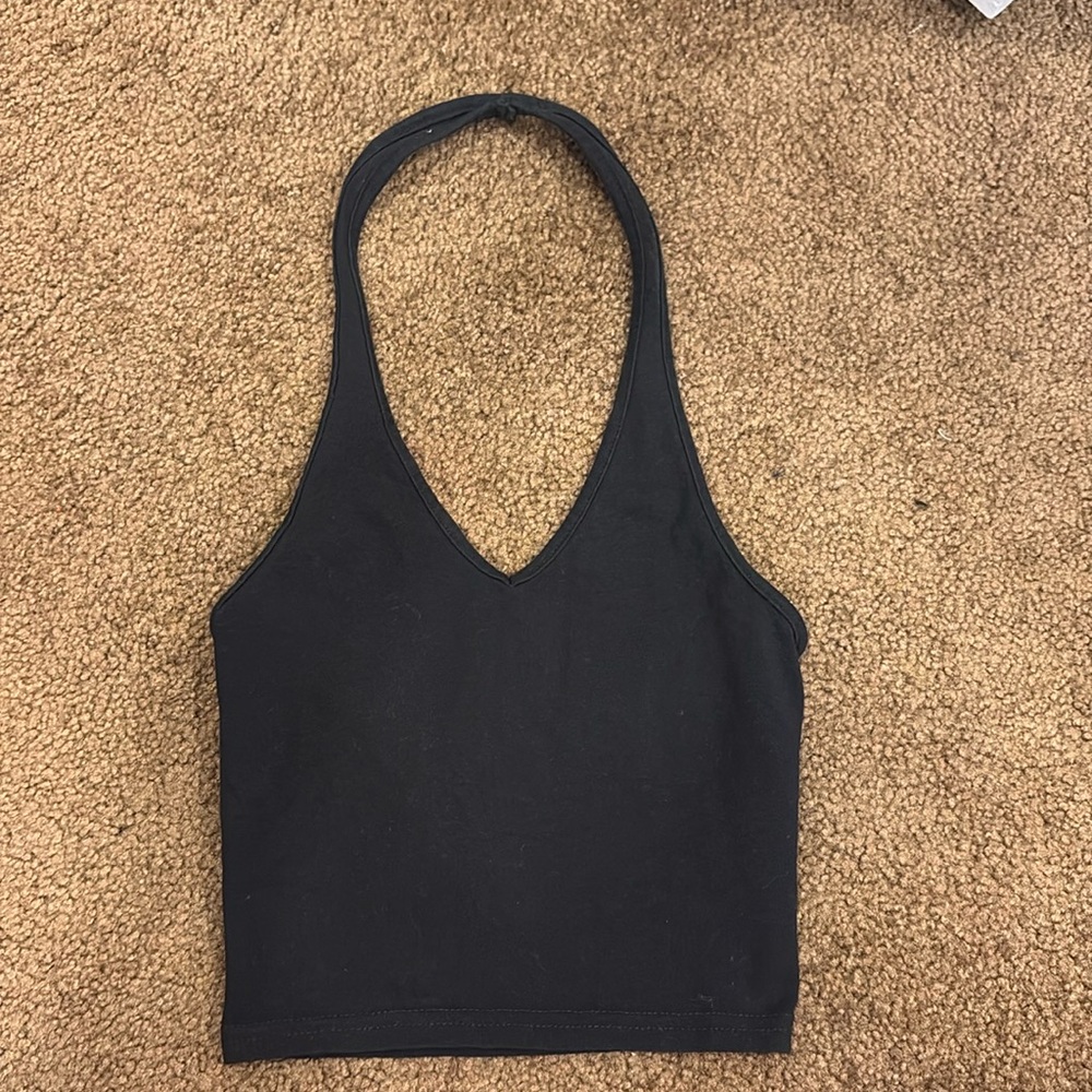 Black open back halter crop top